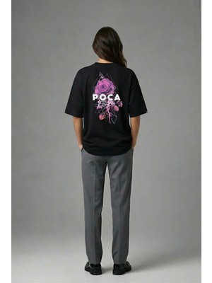 Posh Cabal A01012 Baskılı Oversize Siyah Kadın T-Shirt