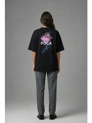Posh Cabal A01016 Baskılı Oversize Siyah Kadın T-Shirt