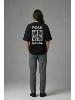 Posh Cabal A01082 Baskılı Oversize Siyah Kadın T-Shirt
