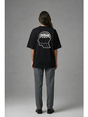 Posh Cabal A01031 Baskılı Oversize Siyah Kadın T-Shirt