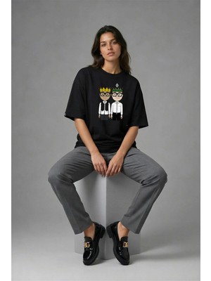 Posh Cabal F02035 Baskılı Oversize Siyah Kadın T-Shirt