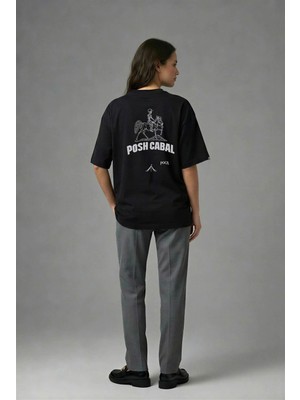 Posh Cabal A01054 Baskılı Oversize Siyah Kadın T-Shirt