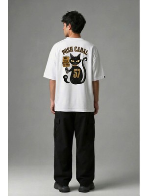 Posh Cabal A03111 Baskılı Oversize Beyaz Erkek T-Shirt