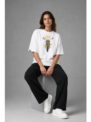 Posh Cabal F02080 Baskılı Oversize Beyaz Kadın T-Shirt
