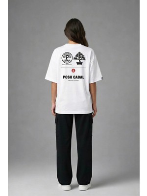Posh Cabal A03145 Baskılı Oversize Beyaz Kadın T-Shirt