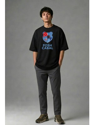 Posh Cabal F02061 Baskılı Oversize Siyah Erkek T-Shirt