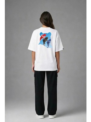 Posh Cabal A02056 Baskılı Oversize Beyaz Kadın T-Shirt