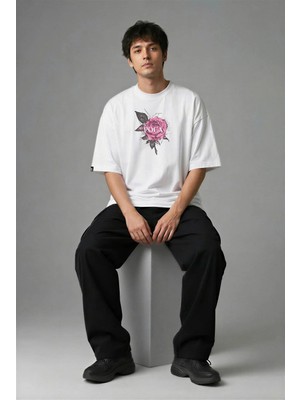 Posh Cabal F02005 Baskılı Oversize Beyaz Erkek T-Shirt