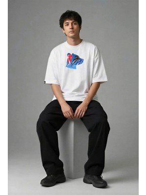 Posh Cabal F02060 Baskılı Oversize Beyaz Erkek T-Shirt