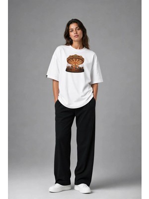 Posh Cabal F02071 Baskılı Oversize Beyaz Kadın T-Shirt