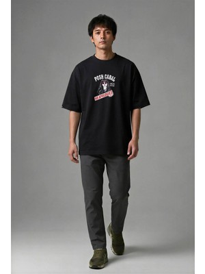 Posh Cabal F01088 Baskılı Oversize Siyah Erkek T-Shirt