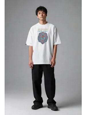 Posh Cabal F02047 Baskılı Oversize Beyaz Erkek T-Shirt