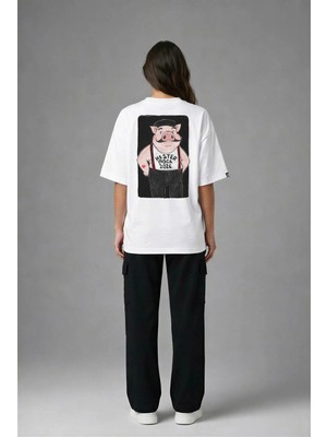 Posh Cabal A03062 Baskılı Oversize Beyaz Kadın T-Shirt