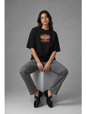 Posh Cabal F02070 Baskılı Oversize Siyah Kadın T-Shirt