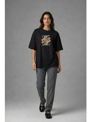 Posh Cabal F02038 Baskılı Oversize Siyah Kadın T-Shirt