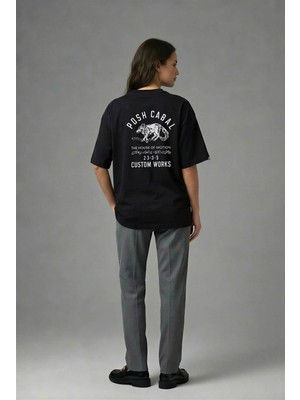 Posh Cabal A01059 Baskılı Oversize Siyah Kadın T-Shirt