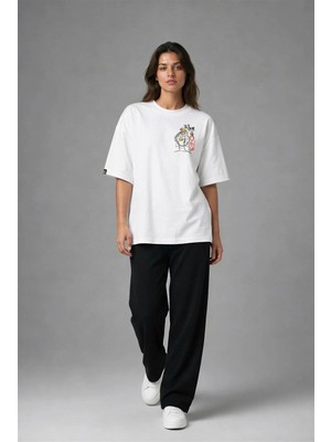 Posh Cabal G03028 Baskılı Oversize Beyaz Kadın T-Shirt