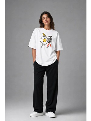 Posh Cabal F03031 Baskılı Oversize Beyaz Kadın T-Shirt