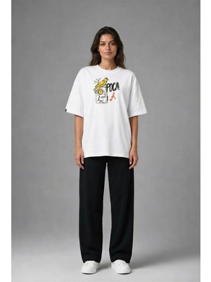 Posh Cabal F03032 Baskılı Oversize Beyaz Kadın T-Shirt