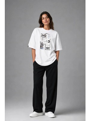 Posh Cabal F03141 Baskılı Oversize Beyaz Kadın T-Shirt