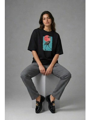 Posh Cabal F02125 Baskılı Oversize Siyah Kadın T-Shirt