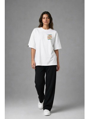 Posh Cabal G02038 Baskılı Oversize Beyaz Kadın T-Shirt
