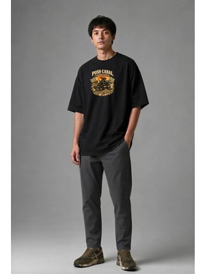 Posh Cabal F02129 Baskılı Oversize Siyah Erkek T-Shirt