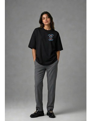 Posh Cabal G01061 Baskılı Oversize Siyah Kadın T-Shirt