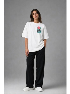 Posh Cabal G02124 Baskılı Oversize Beyaz Kadın T-Shirt