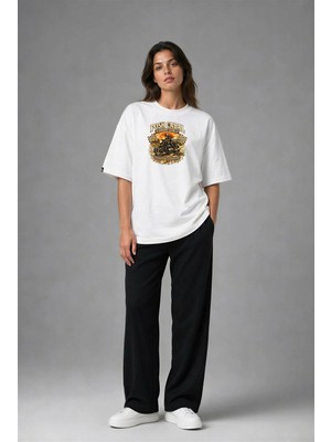 Posh Cabal F02129 Baskılı Oversize Beyaz Kadın T-Shirt