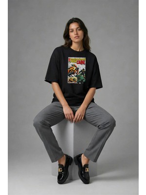 Posh Cabal F02130 Baskılı Oversize Siyah Kadın T-Shirt