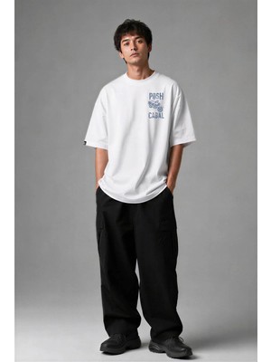 Posh Cabal G03066 Baskılı Oversize Beyaz Erkek T-Shirt
