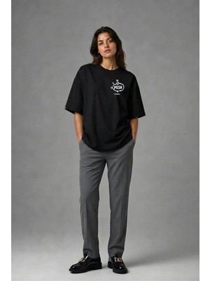 Posh Cabal G01121 Baskılı Oversize Siyah Kadın T-Shirt