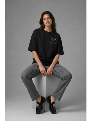 Posh Cabal G01125 Baskılı Oversize Siyah Kadın T-Shirt