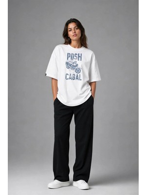 Posh Cabal F03066 Baskılı Oversize Beyaz Kadın T-Shirt