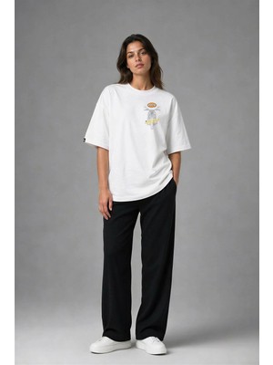 Posh Cabal G02079 Baskılı Oversize Beyaz Kadın T-Shirt