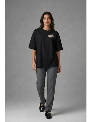 Posh Cabal G02083 Baskılı Oversize Siyah Kadın T-Shirt