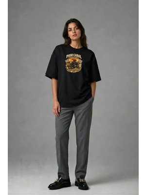 Posh Cabal F02129 Baskılı Oversize Siyah Kadın T-Shirt