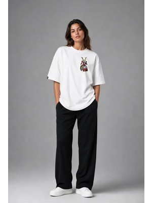 Posh Cabal G02126 Baskılı Oversize Beyaz Kadın T-Shirt