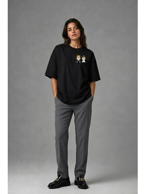 Posh Cabal G02031 Baskılı Oversize Siyah Kadın T-Shirt