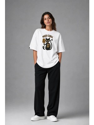 Posh Cabal F03111 Baskılı Oversize Beyaz Kadın T-Shirt