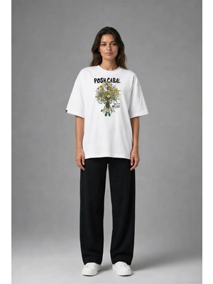 Posh Cabal F03112 Baskılı Oversize Beyaz Kadın T-Shirt
