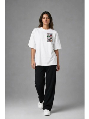 Posh Cabal G03083 Baskılı Oversize Beyaz Kadın T-Shirt
