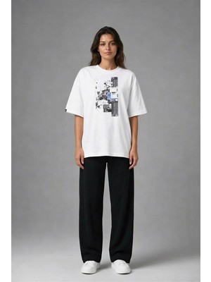 Posh Cabal F02132 Baskılı Oversize Beyaz Kadın T-Shirt