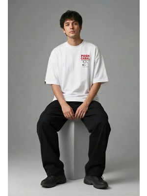 Posh Cabal G03150 Baskılı Oversize Beyaz Erkek T-Shirt