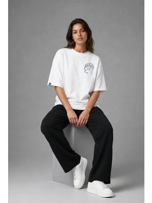 Posh Cabal G02040 Baskılı Oversize Beyaz Kadın T-Shirt