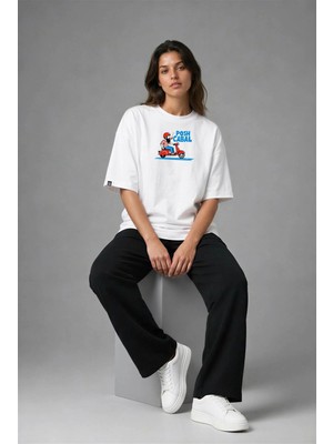 Posh Cabal F03070 Baskılı Oversize Beyaz Kadın T-Shirt