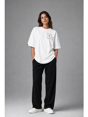 Posh Cabal G02096 Baskılı Oversize Beyaz Kadın T-Shirt