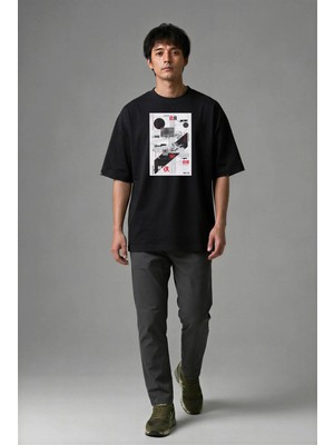 Posh Cabal F02138 Baskılı Oversize Siyah Erkek T-Shirt