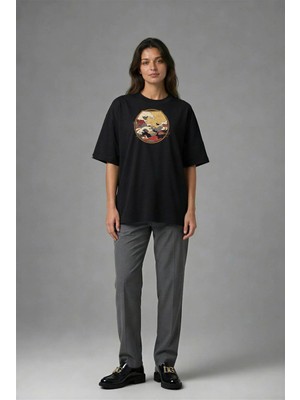 Posh Cabal F02142 Baskılı Oversize Siyah Kadın T-Shirt